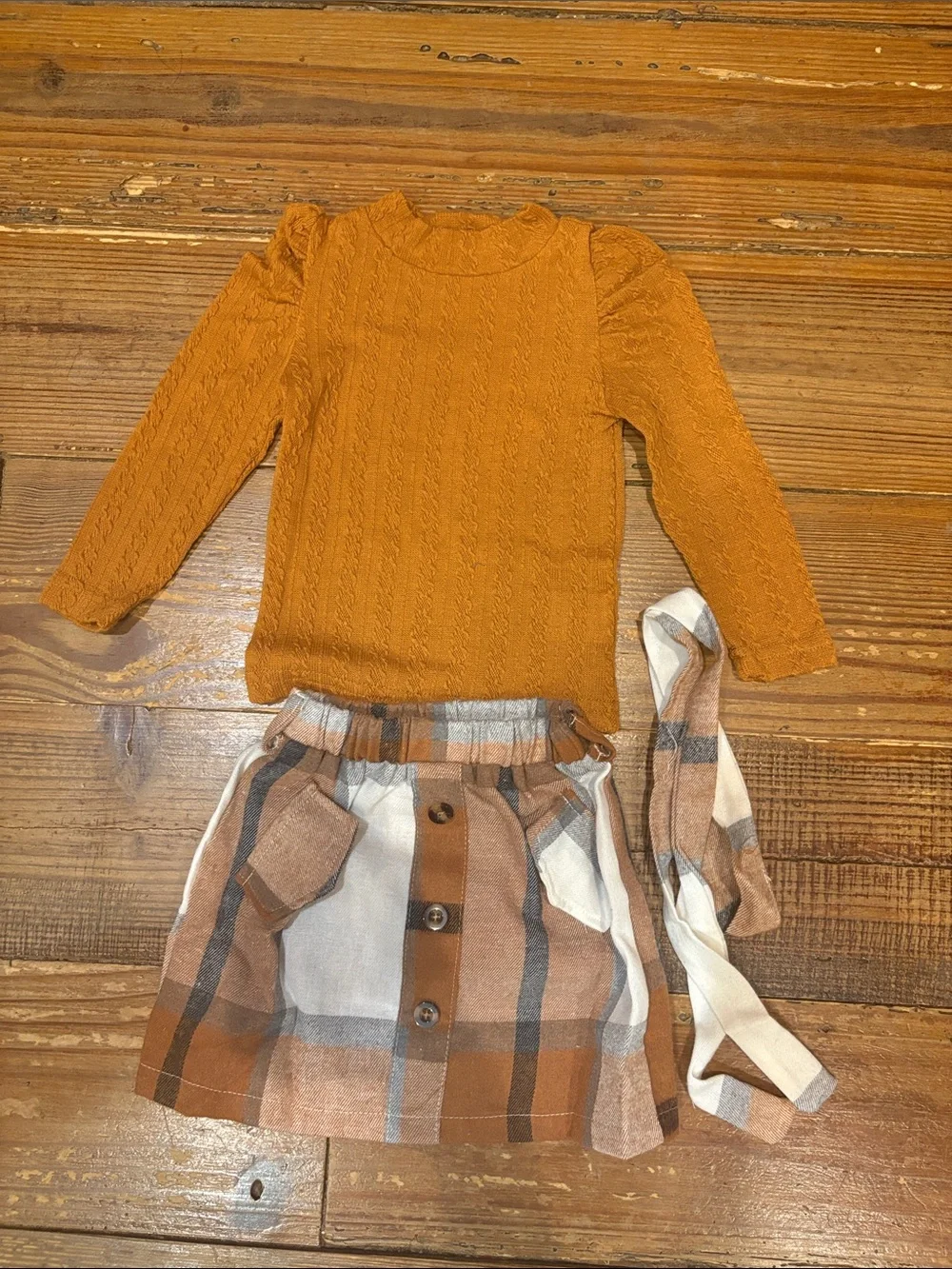 Girls' Mustard Cable-Knit Long Sleeve Top and Plaid Skirt Set